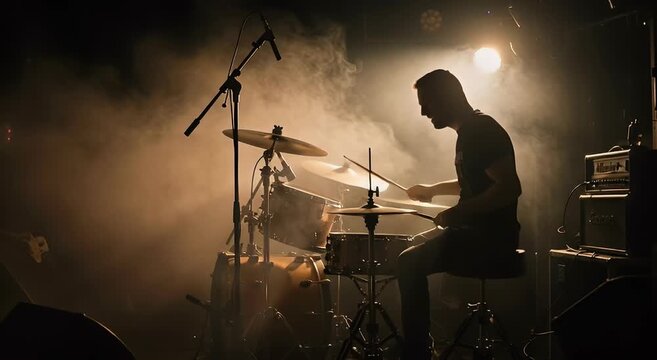 Silhouetted drummer playing a drum set on stage with dramatic backlighting and fog effects during a live concert performance