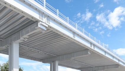 Modern highway overpass structure, showcasing the intricate details of its white steel and concrete framework against a clear blue sky.