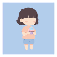 Cute cartoon girl embracing a blue teddy bear against a pastel background.