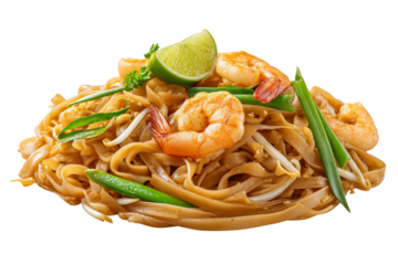 Thai pad thai noodles with shrimp, isolated, PNG, white background