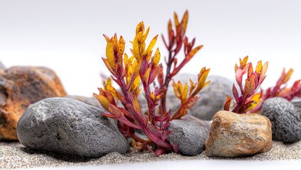 Vibrant red-orange plant with yellow foliage nestled amongst smooth grey and brown stones on a light grey sandy base, isolated on a white background