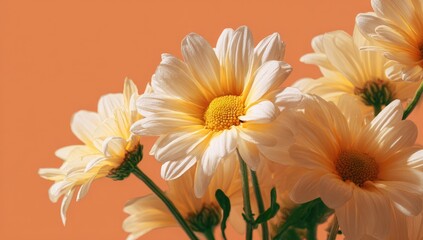 Close-up of a bouquet of pale yellow daisies, subtly lit against a warm peach background, showcasing delicate petals and vibrant yellow centers