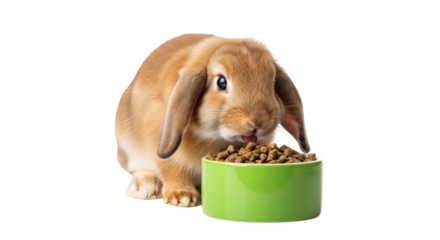 Floppy eared rabbit focuses on green bowl filled with pellets while licking its lips