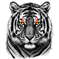 Fierce black and white charcoal drawing of an angry tiger with striking amber eyes isolated on a transparent background