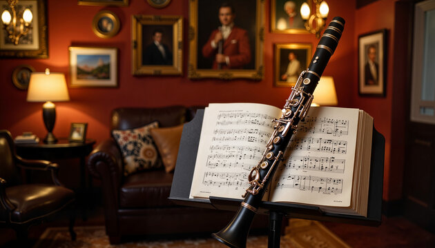Clarinet on musician's stand in elegant music room, music appreciation