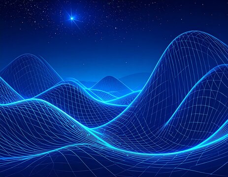 digital landscape wireframe network glowing blue night sky