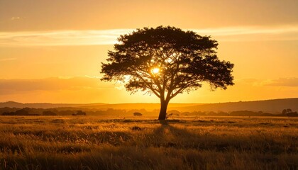 Fototapeta premium Solitary tree silhouetted against golden sunset on gently sloping hill with rolling landscape and wispy clouds, evoking serenity and natural beauty.