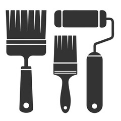 Three dark grey paint brushes and a paint roller on white background tool equipment