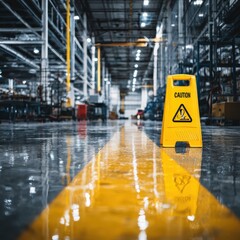 Wet Floor Caution in Factory Warehouse