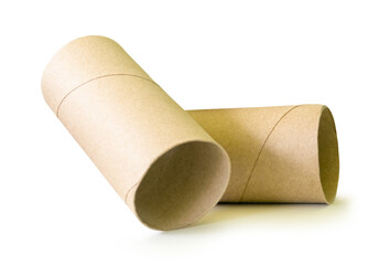 Side view of tissue paper cores or toilet paper tubes in stack isolated on white background with clipping path.