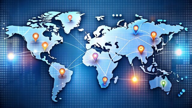Global network of connections and communication across the world with glowing points and lines on a digital background