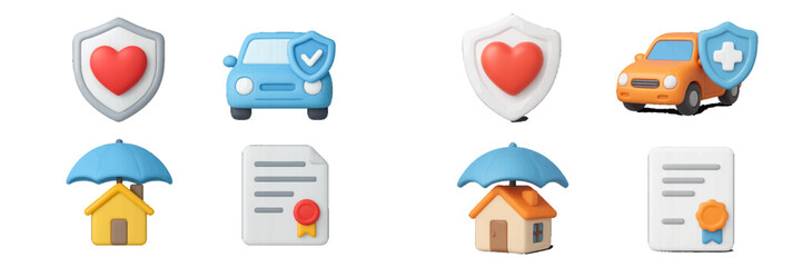 Insurance icons: heart, car, house, document, shield, umbrella. Modern 3D Icon Set