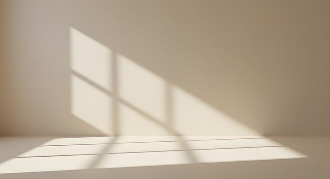 Minimalista abstracto simple suave suave fondo beige para la presentaci&oacute;n del producto con luz y hermosa sombra desde la ventana en la pared.
