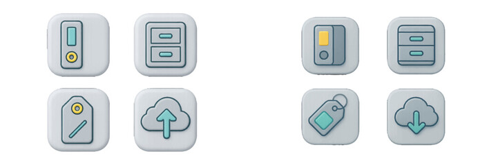 Stylized icons for digital services and data management. Modern 3D Icon Set