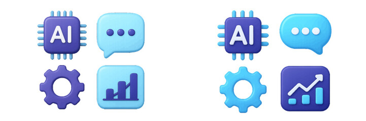 Chip with Chat Bubble, Gear, and Growth Chart Icons. Modern 3D Icon Set