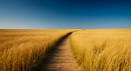 A sunlit path winds through golden wheat fields under a clear blue sky offering escape and