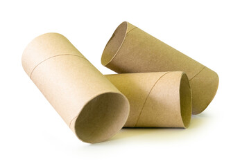 Side view of tissue paper cores or toilet paper tubes in stack isolated on white background with clipping path.