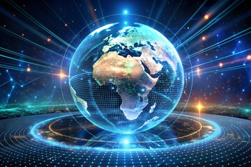 Futuristic digital globe with glowing blue energy lines and lights, symbolizing global technology and connectivity