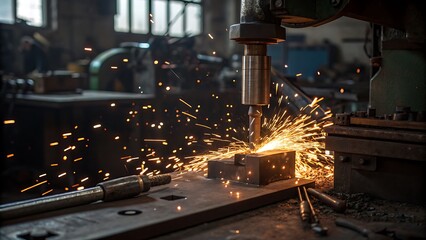 Metal drilling machine industrial process with sparks and equipment in workshop for manufacturing work