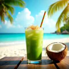 Refreshing green tropical cocktail with coconut on a sunny beach