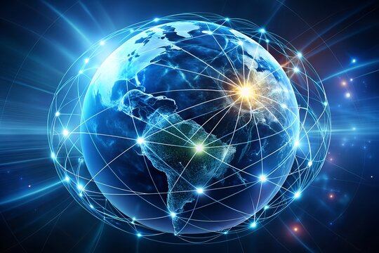 Planet earth enveloped in a luminous digital network, illustrating worldwide communication and technological advancement