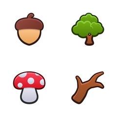 Forest icon set. Isolated vector illustration of mobile game sprites. Design for stickers, logo, mobile app. Arcade or match 3 2d graphics game asset. Flat 3d item sprites sheet. © Serhii