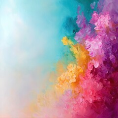 Fototapeta premium A vibrant meadow filled with blooming wildflowers in pastel pinks, yellows, and purples, under a bright blue sky, impressionist painting style, soft and cheerful tones.