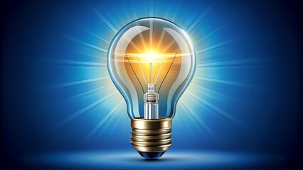 A glowing incandescent light bulb on a vibrant blue background with radiating light rays, symbolizing innovation and bright ideas