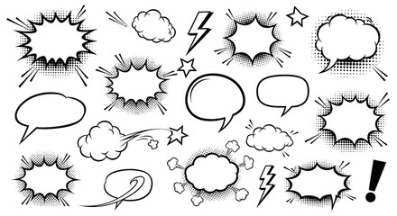 Collection of various comic book speech bubbles and explosion effects, in black and white, with different shapes. © Muginandaru
