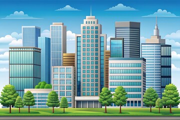 Obraz premium Modern cityscape with tall skyscrapers, office buildings, and trees under a blue sky with clouds