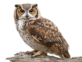 Obraz premium Owl with large glowing eyes, perched on a log PNG format, white background