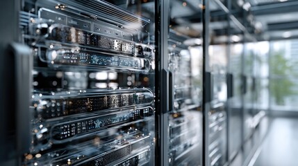 Fototapeta premium Rows of server racks fill a modern data center, showcasing intricate internal components through transparent panels.