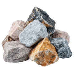 Obraz premium Assorted Natural Stones and Rocks Piled Together on White Background for Texture and Design Use