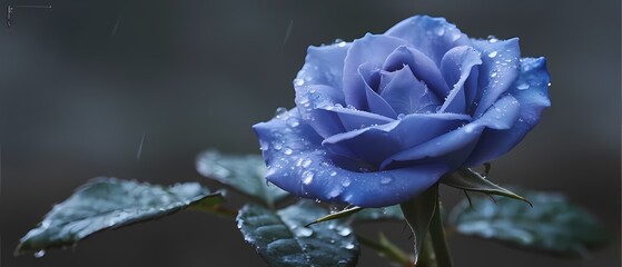 A delicate blue rose with water droplets, set against a dark background.