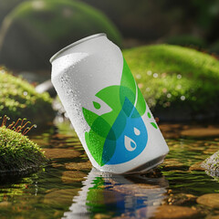 High-quality mockup of a plain aluminum beverage can with refreshing and cooling theme. Realistic...