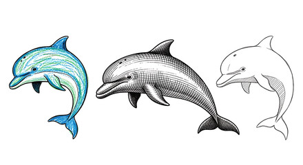 Obraz premium Set Illustrative Ensemble of Dolphins in Varied Artistic Renderings
