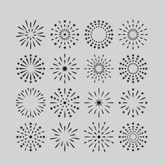 Obraz premium Firework vector set. Celebrate pattern with simple flat golden fireworks, sparks, explosions in night sky. Modern illustration for new year, anniversary, winner, birthday celebration.