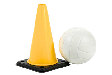 Volleyball and yellow plastic cone for sports training drills isolated with transparent background