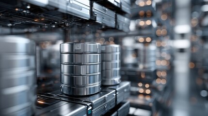 Stacked metallic storage units fill a futuristic server room, showcasing intricate design and technological advancement.