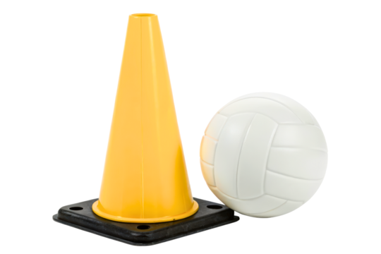 Volleyball and yellow plastic cone for sports training drills isolated with transparent background