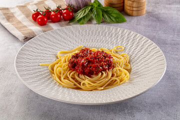 Italian pasta spaghetti bolognese with minced beef meat and tomato sauce