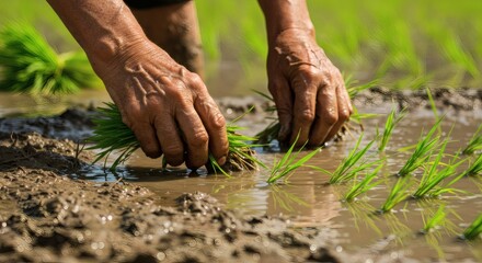 Planting Rice Seedlings A Farmer's Hands in the Paddy Field