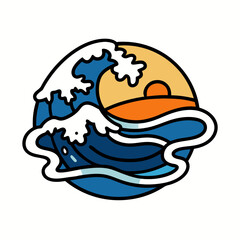 Sunset ocean waves with mountain scene circle design