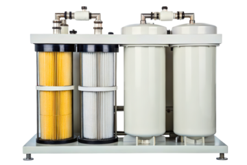 Multistage reverse osmosis water filtration system with cartridges isolated with transparent background