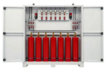 Industrial automatic fire suppression system with red gas cylinders isolated with transparent background