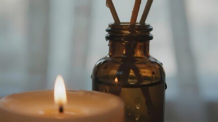 A lit candle and a reed diffuser bottle, creating a cozy ambiance.