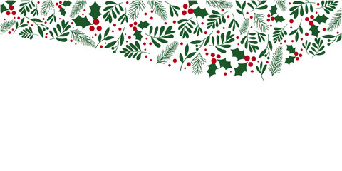 Winter green and red berries decoration illustration. Winter holiday and Christmas decoration banner. Vector illustration.