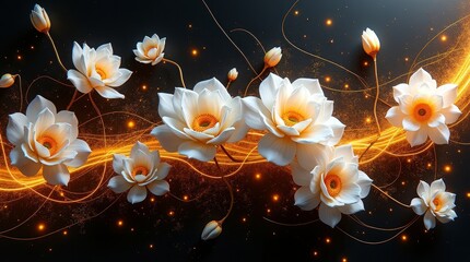 White lotus flowers with golden light trails glowing particles dark background