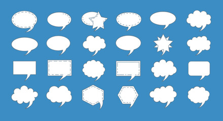 Collection of diverse white speech bubbles with various shapes and textures, ideal for communication design.