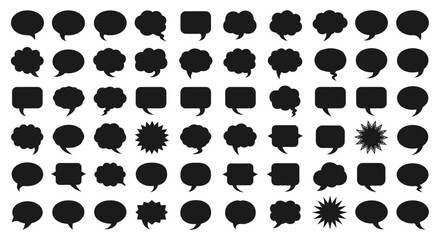 Collection of various black speech bubble shapes, representing communication and conversations.